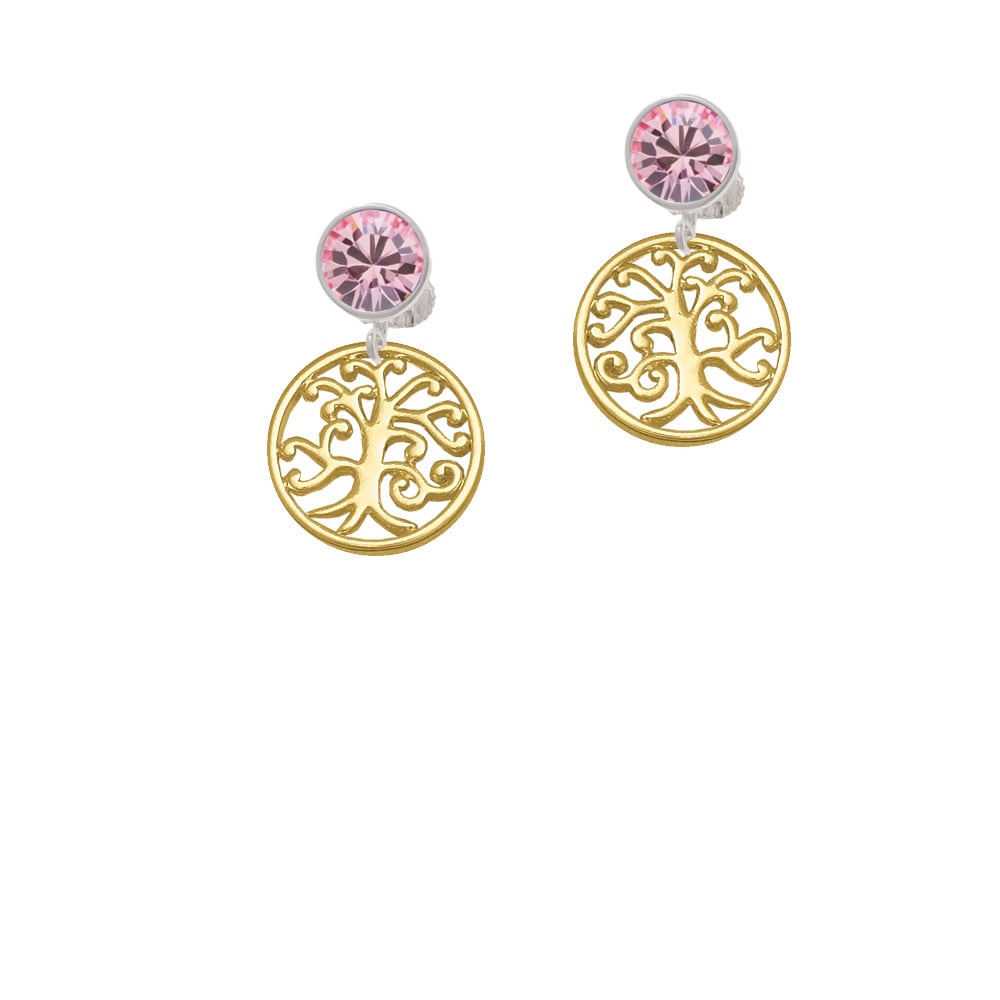 Gold Tone Tree of Life Cutout Crystal Clip On Earrings Image 1