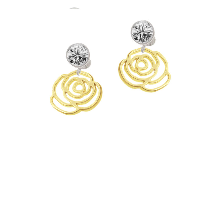 Large Gold Tone Rose Outline Crystal Clip On Earrings Image 2