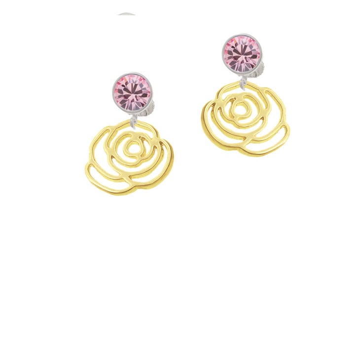 Large Gold Tone Rose Outline Crystal Clip On Earrings Image 4