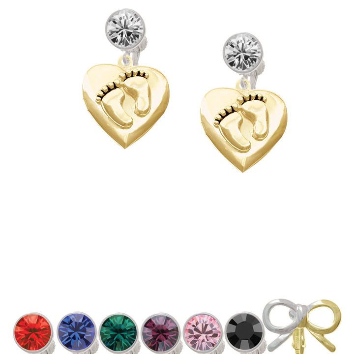 Gold Tone Baby Feet Heart Locket Crystal Clip On Earrings Image 1