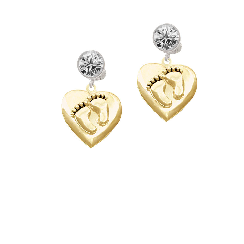 Gold Tone Baby Feet Heart Locket Crystal Clip On Earrings Image 2