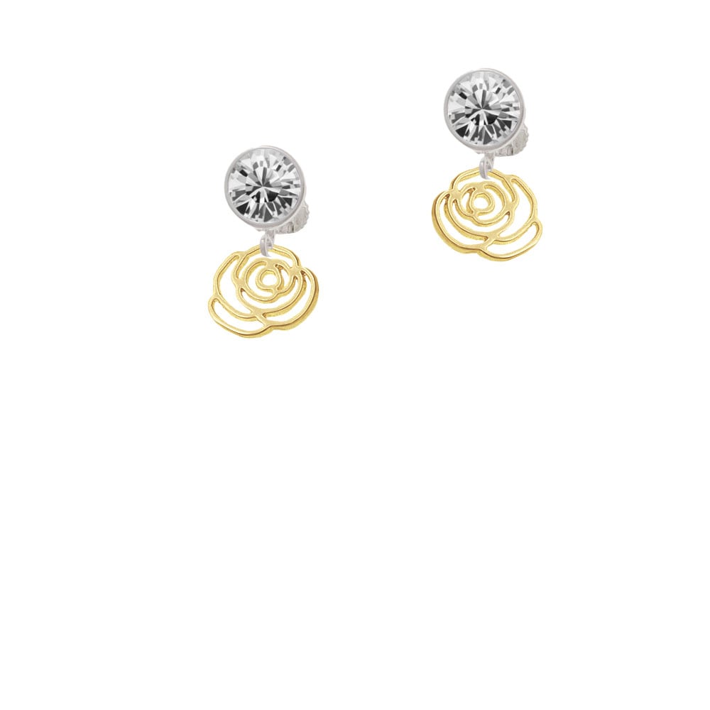 Small Gold Tone Rose Outline Crystal Clip On Earrings Image 1