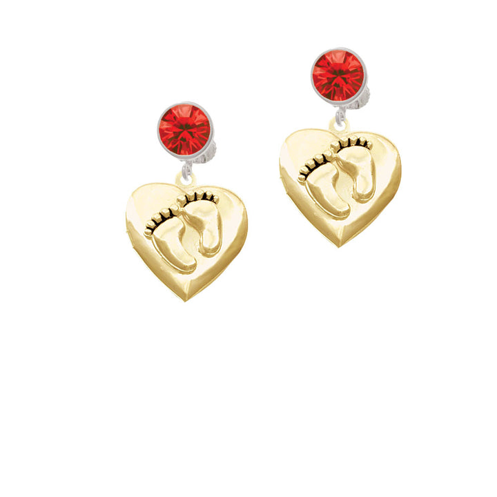 Gold Tone Baby Feet Heart Locket Crystal Clip On Earrings Image 4