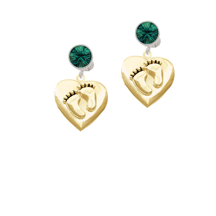 Gold Tone Baby Feet Heart Locket Crystal Clip On Earrings Image 6