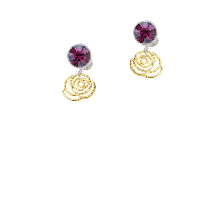 Small Gold Tone Rose Outline Crystal Clip On Earrings Image 1