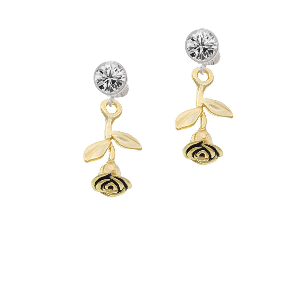 Gold Tone Stemmed Rose Crystal Clip On Earrings Image 2