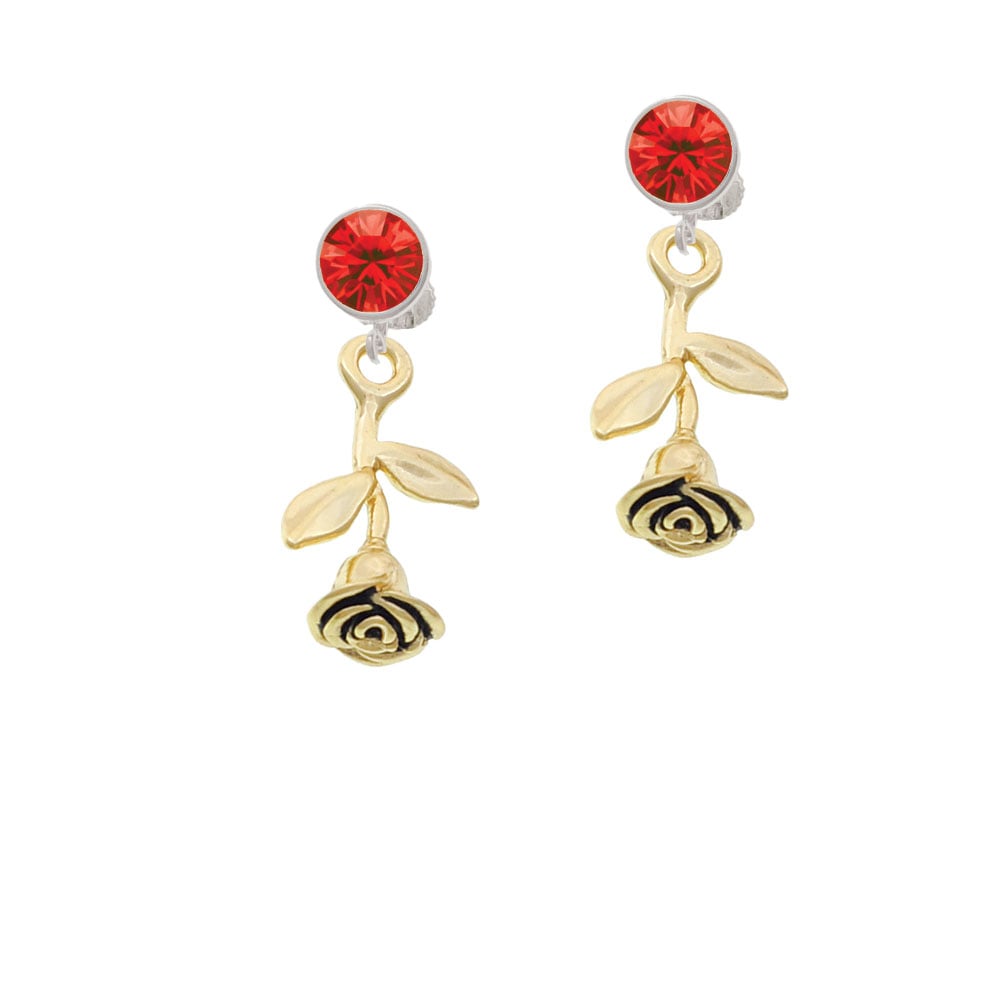 Gold Tone Stemmed Rose Crystal Clip On Earrings Image 1