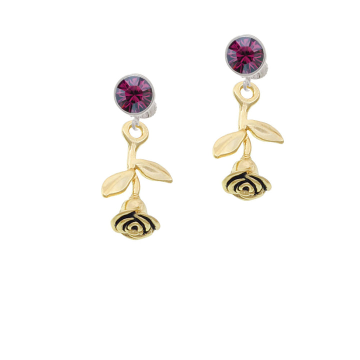 Gold Tone Stemmed Rose Crystal Clip On Earrings Image 8