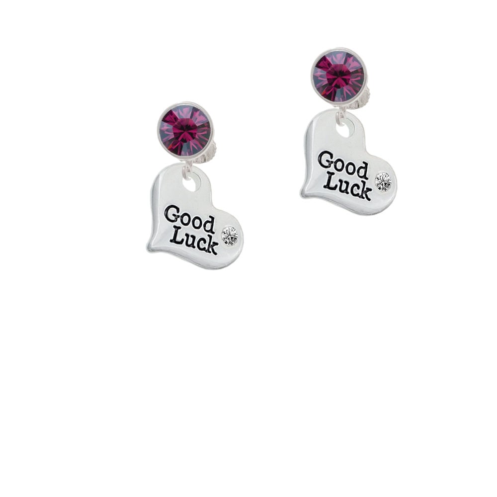 Large Good Luck Heart Crystal Clip On Earrings Image 1