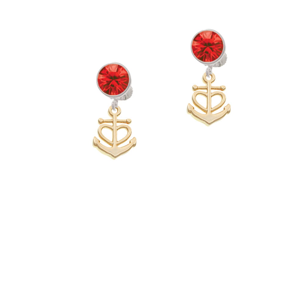 Gold Tone Anchor with Heart Crystal Clip On Earrings Image 1