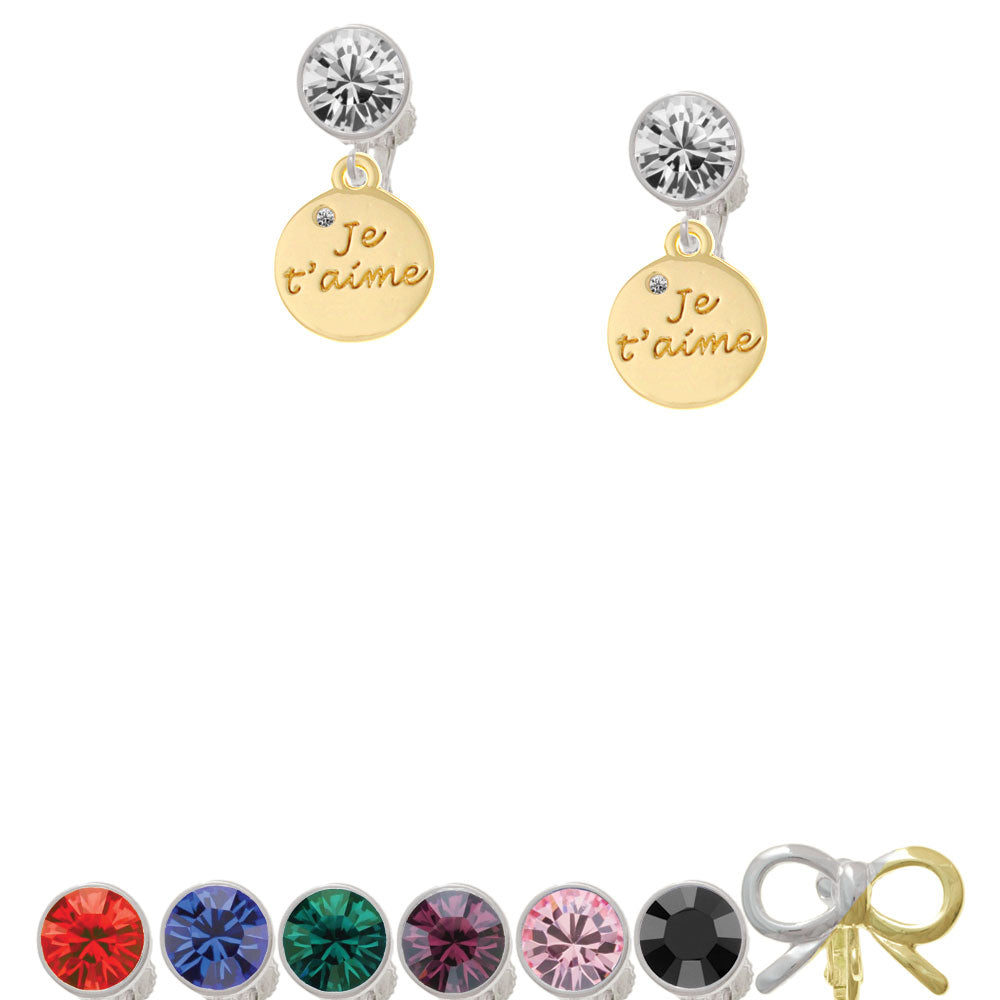 Gold Tone Je Taime Disc Crystal Clip On Earrings Image 1