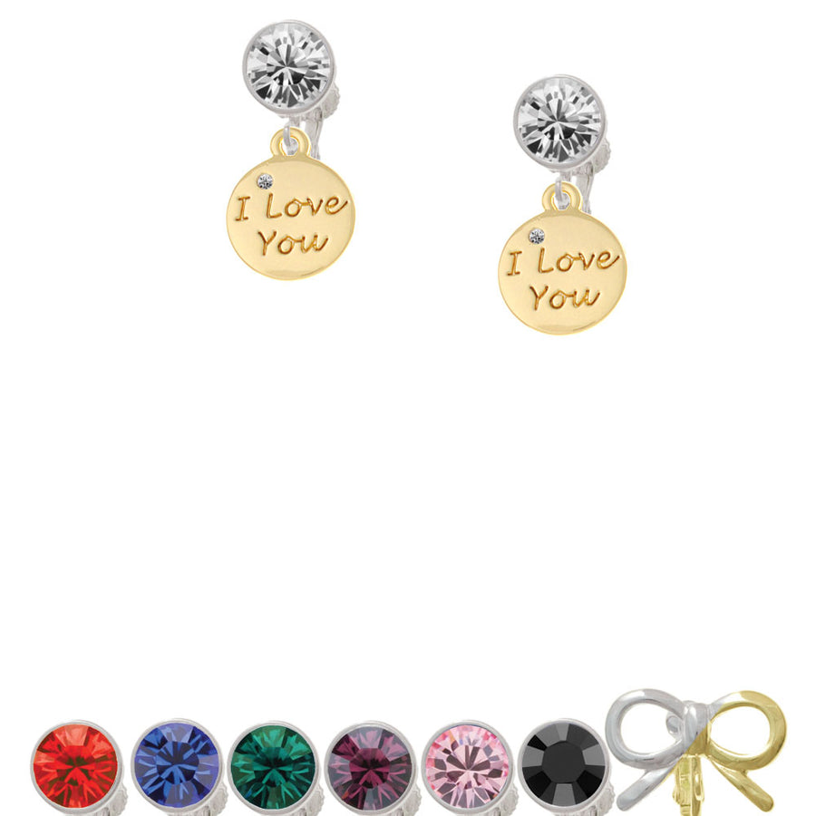 Gold Tone I Love You Disc Crystal Clip On Earrings Image 1