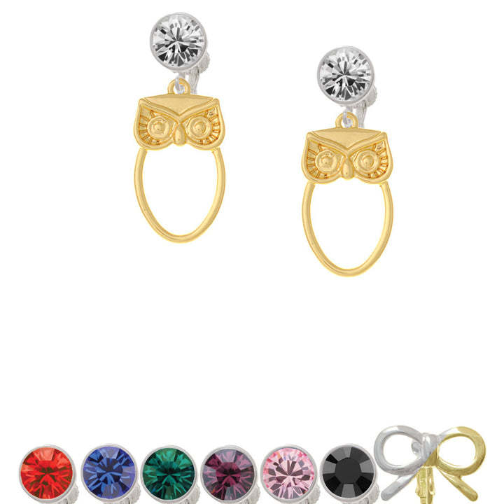 Large Gold Tone Owl Outline Crystal Clip On Earrings Image 1