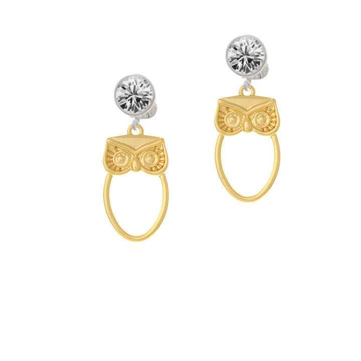 Large Gold Tone Owl Outline Crystal Clip On Earrings Image 2