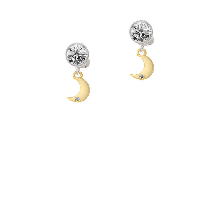 Gold Tone Small Crescent Moon Crystal Clip On Earrings Image 2