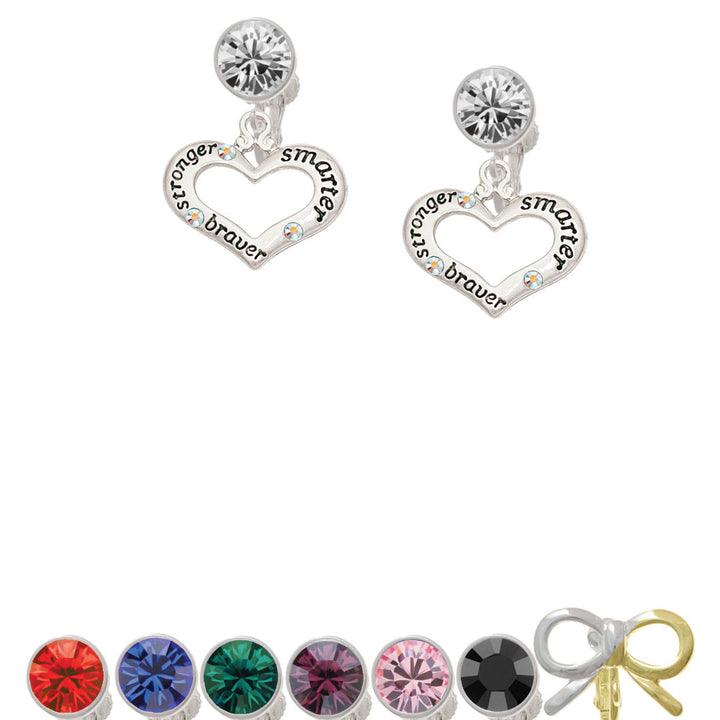 Heart with 3 AB Crystals - Stronger Braver Smarter Crystal Clip On Earrings Image 1