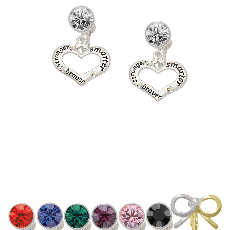 Heart with 3 AB Crystals - Stronger Braver Smarter Crystal Clip On Earrings Image 1