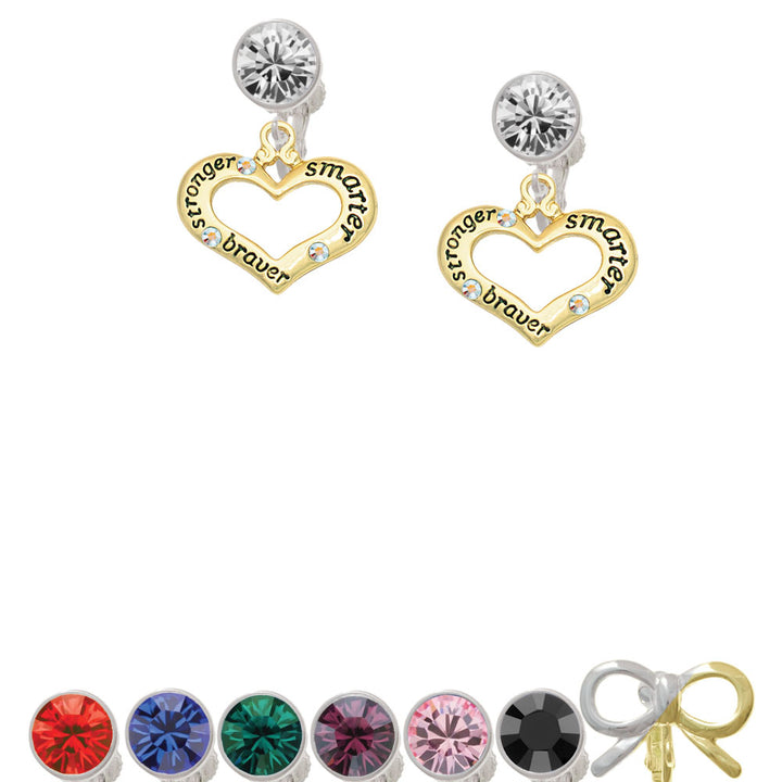 Gold Tone Heart with 3 AB Crystals - Stronger Braver Smarter Crystal Clip On Earrings Image 1