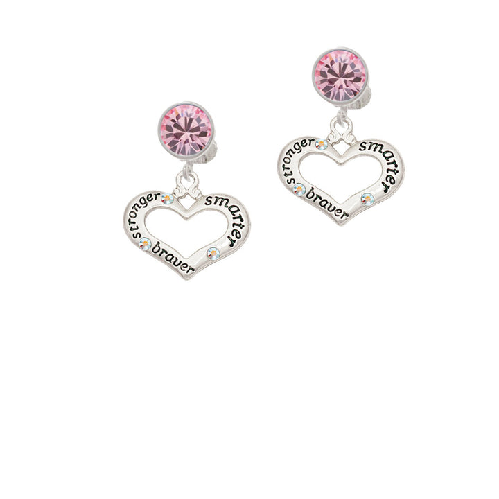 Heart with 3 AB Crystals - Stronger Braver Smarter Crystal Clip On Earrings Image 4