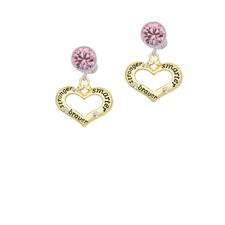 Gold Tone Heart with 3 AB Crystals - Stronger Braver Smarter Crystal Clip On Earrings Image 4