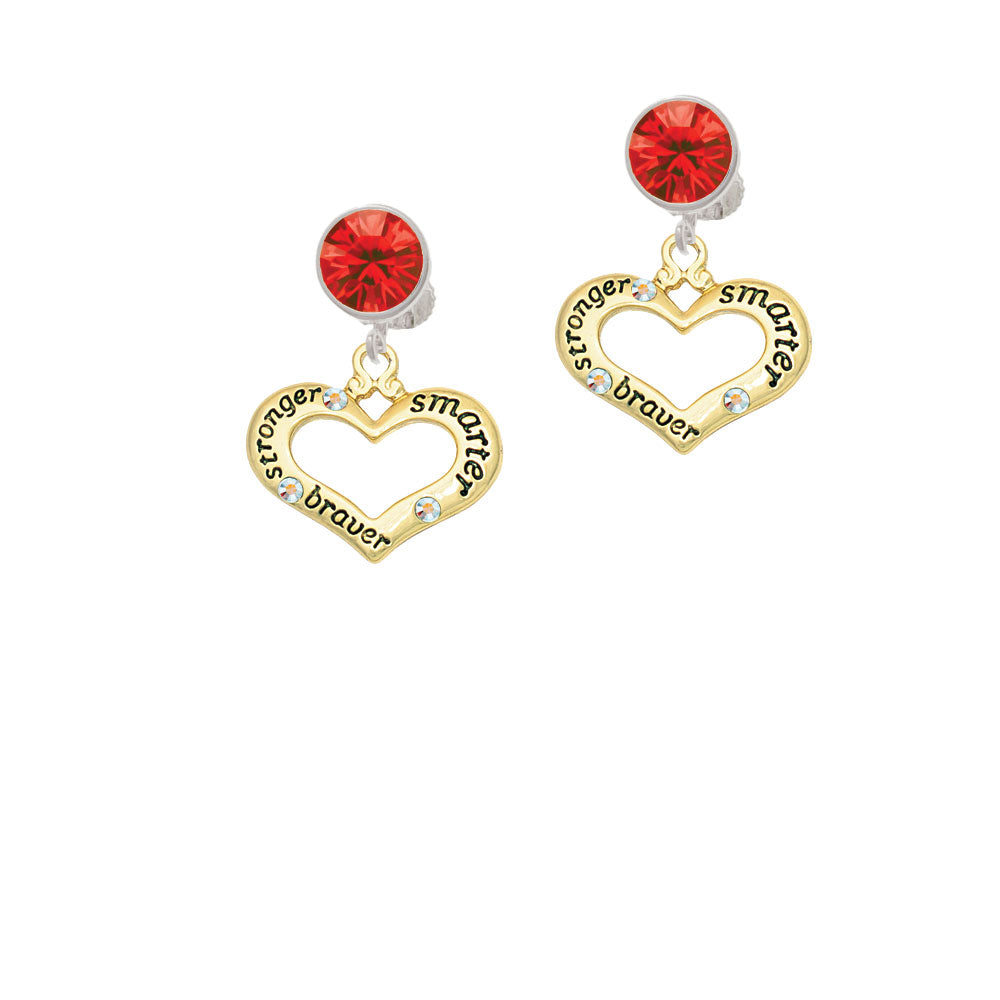 Gold Tone Heart with 3 AB Crystals - Stronger Braver Smarter Crystal Clip On Earrings Image 4