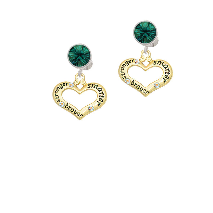 Gold Tone Heart with 3 AB Crystals - Stronger Braver Smarter Crystal Clip On Earrings Image 6