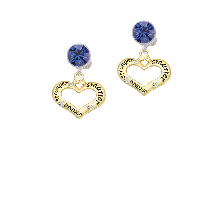 Gold Tone Heart with 3 AB Crystals - Stronger Braver Smarter Crystal Clip On Earrings Image 7