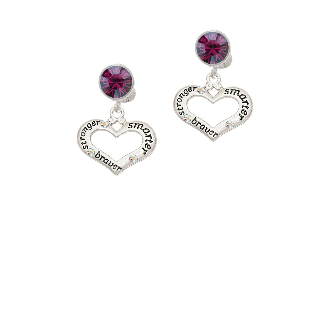 Heart with 3 AB Crystals - Stronger Braver Smarter Crystal Clip On Earrings Image 8