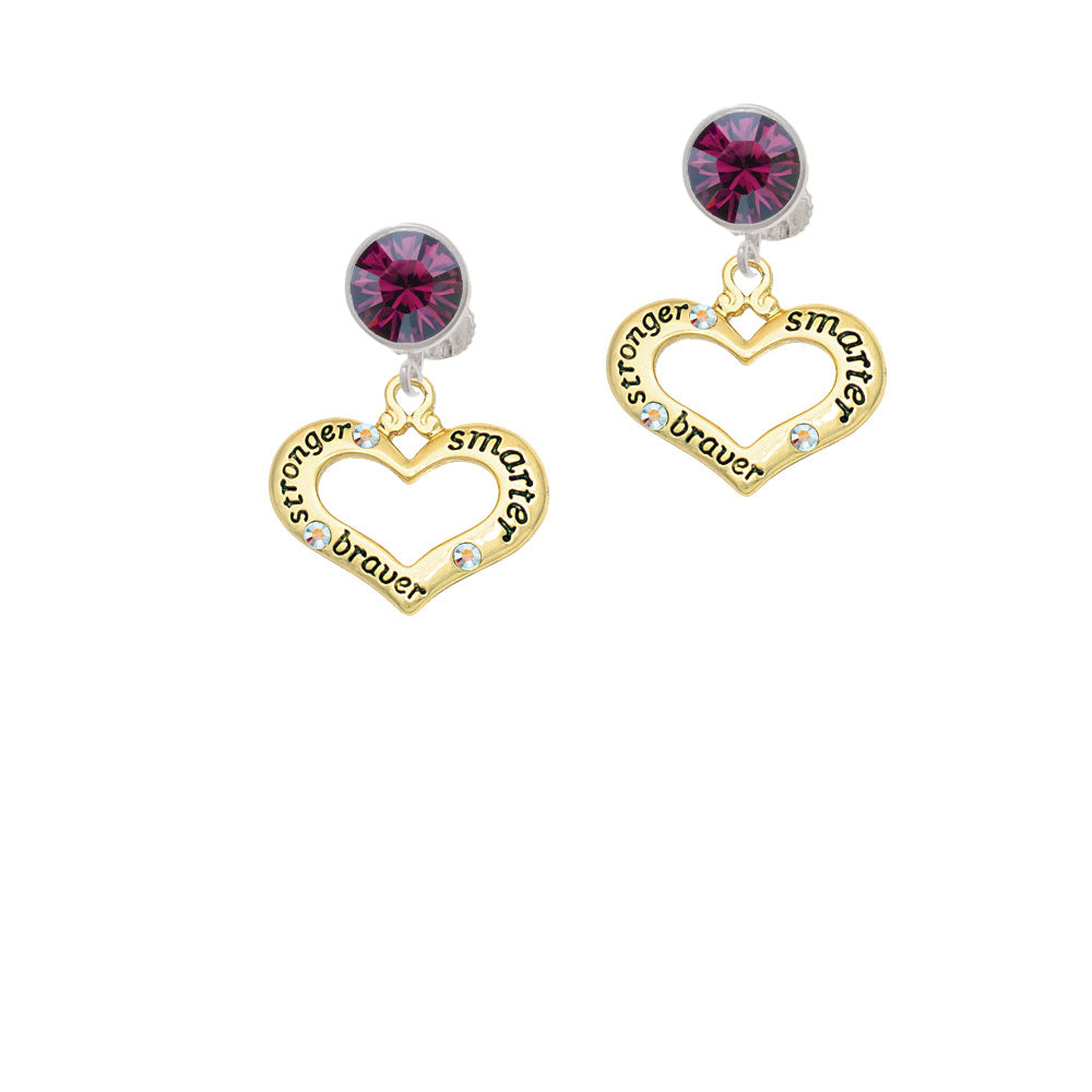 Gold Tone Heart with 3 AB Crystals - Stronger Braver Smarter Crystal Clip On Earrings Image 8