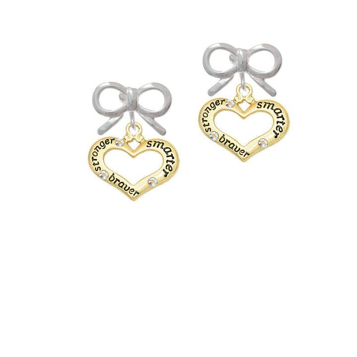 Gold Tone Heart with 3 AB Crystals - Stronger Braver Smarter Crystal Clip On Earrings Image 9