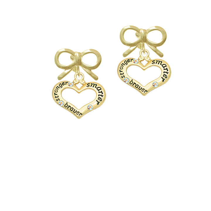 Gold Tone Heart with 3 AB Crystals - Stronger Braver Smarter Crystal Clip On Earrings Image 10