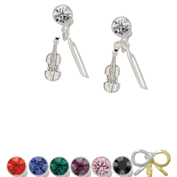 Violin and Bow Crystal Clip On Earrings Image 1