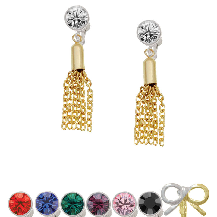 Small Gold Tone Tassel Crystal Clip On Earrings Image 1