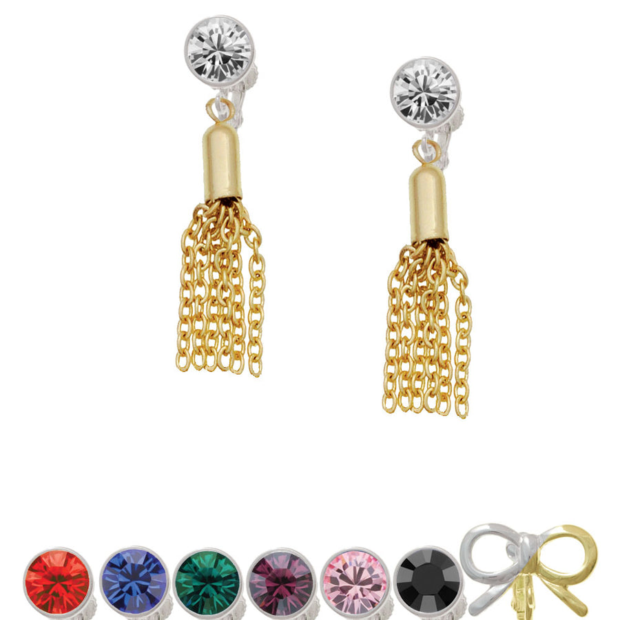 Small Gold Tone Tassel Crystal Clip On Earrings Image 1