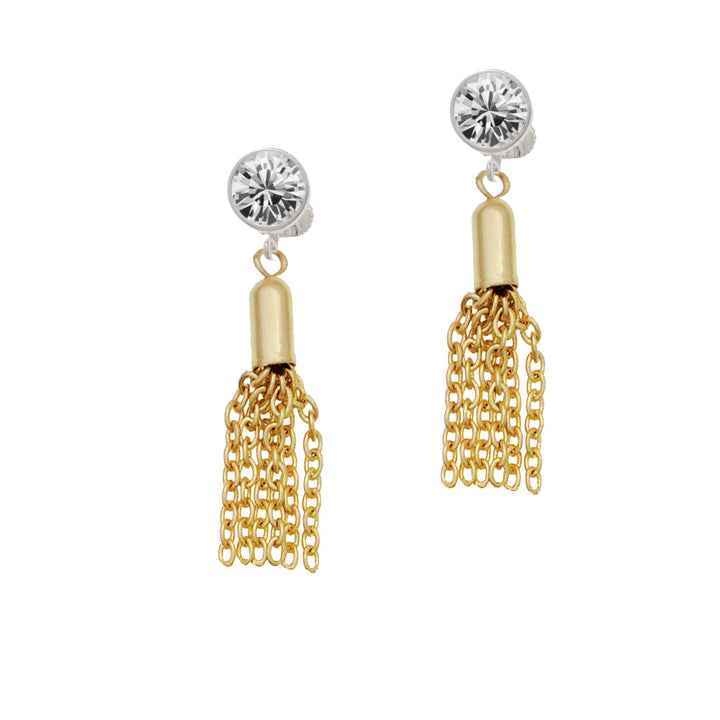 Small Gold Tone Tassel Crystal Clip On Earrings Image 2