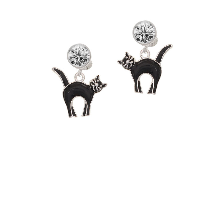 Black Standing Cat Crystal Clip On Earrings Image 2
