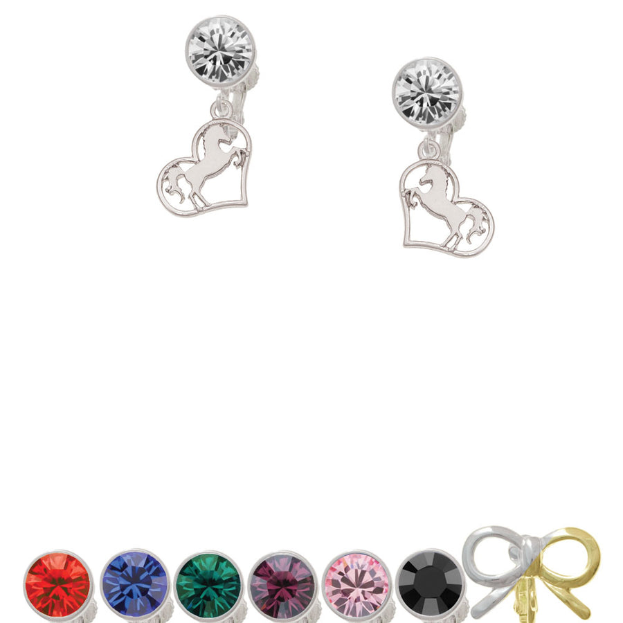 Stallion Silhouette Heart Crystal Clip On Earrings Image 1