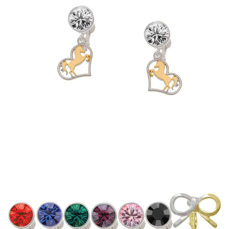 Two Tone Stallion Silhouette Heart Crystal Clip On Earrings Image 1