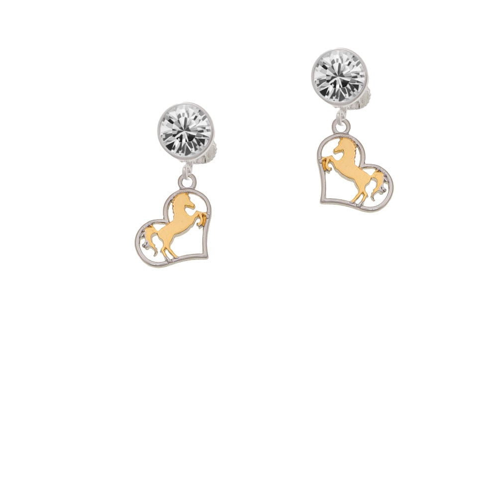 Two Tone Stallion Silhouette Heart Crystal Clip On Earrings Image 1