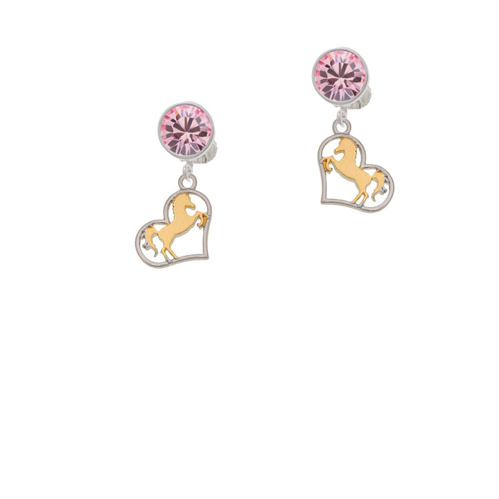 Two Tone Stallion Silhouette Heart Crystal Clip On Earrings Image 4