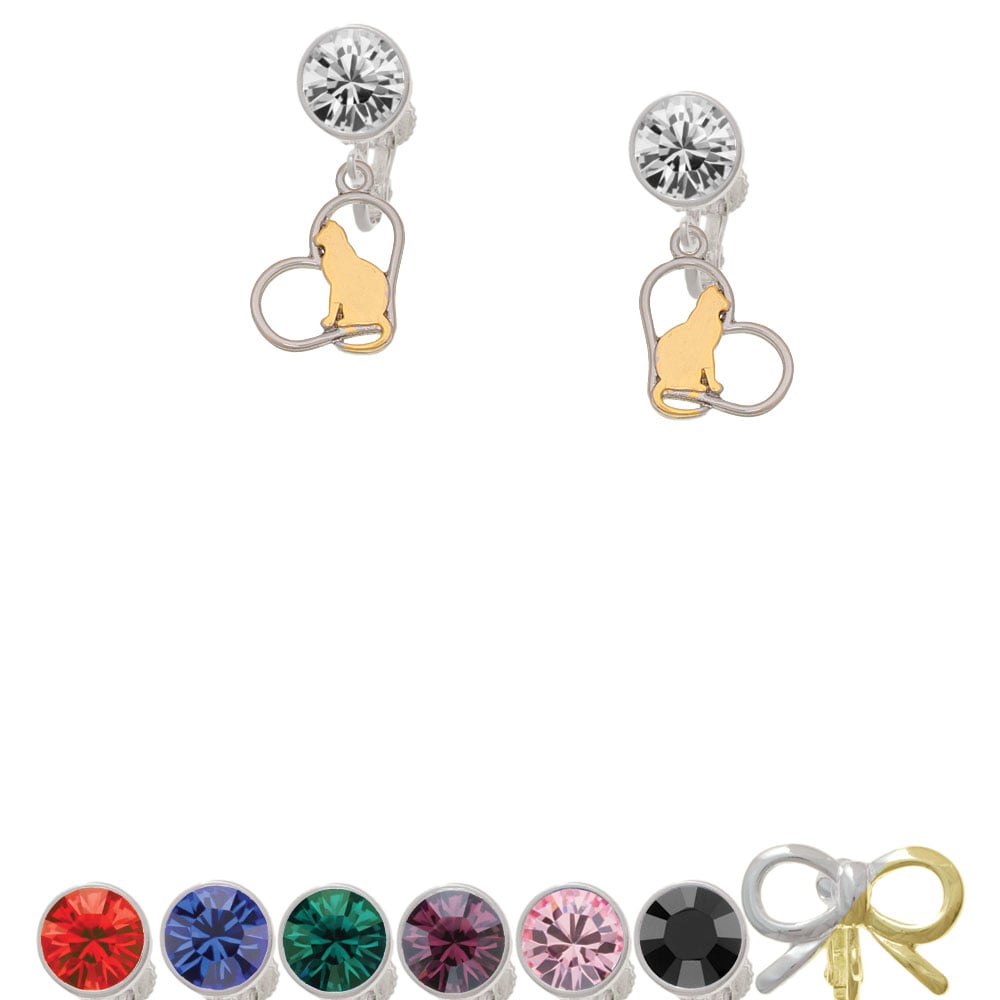 Two Tone Cat Silhouette Heart Crystal Clip On Earrings Image 1