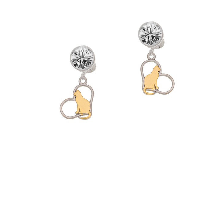 Two Tone Cat Silhouette Heart Crystal Clip On Earrings Image 2