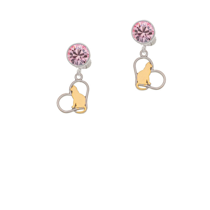 Two Tone Cat Silhouette Heart Crystal Clip On Earrings Image 4