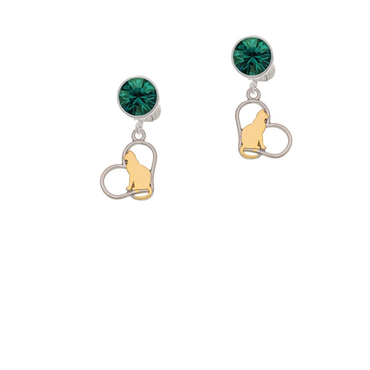 Two Tone Cat Silhouette Heart Crystal Clip On Earrings Image 1