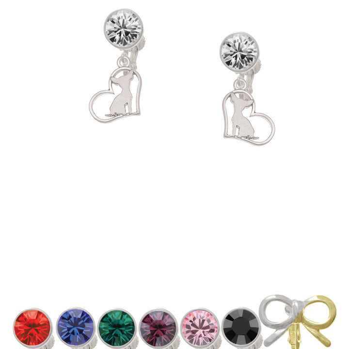 Chihuahua Silhouette Heart Crystal Clip On Earrings Image 1