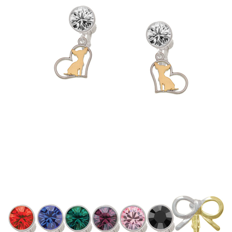 Two Tone Chihuahua Silhouette Heart Crystal Clip On Earrings Image 1