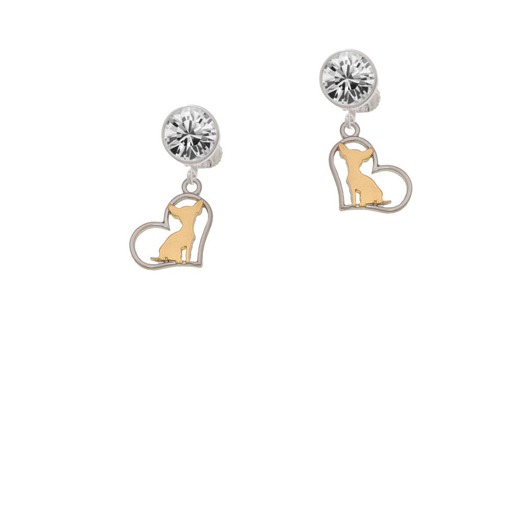 Two Tone Chihuahua Silhouette Heart Crystal Clip On Earrings Image 2