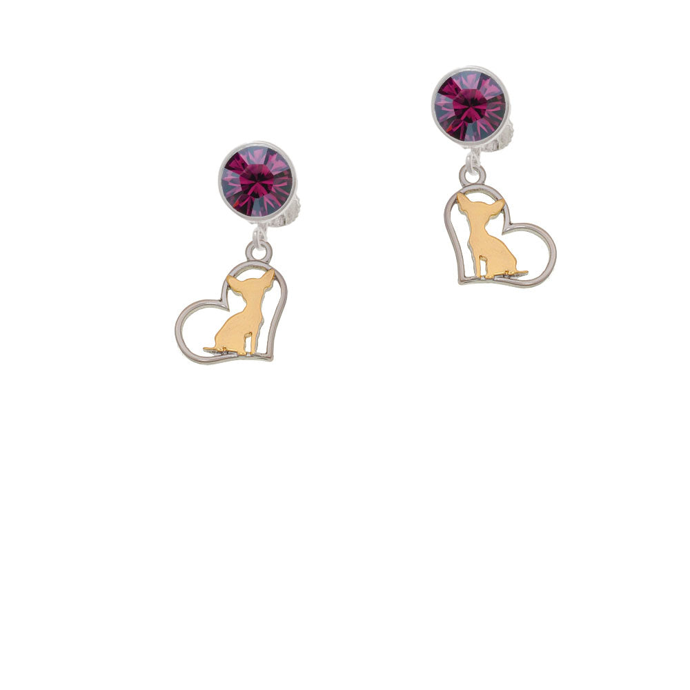 Two Tone Chihuahua Silhouette Heart Crystal Clip On Earrings Image 8