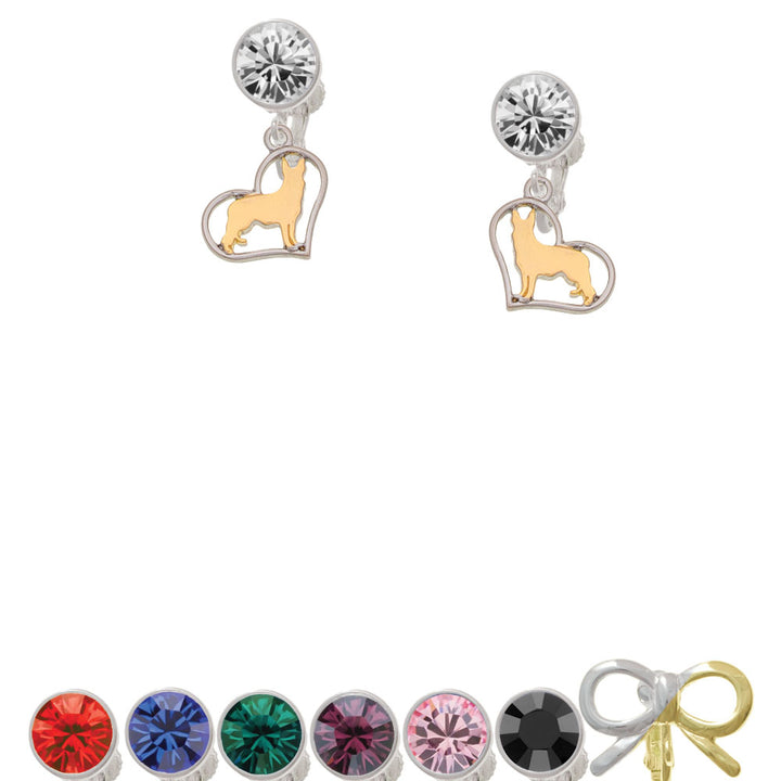 Two Tone German Shepard Silhouette Heart Crystal Clip On Earrings Image 1