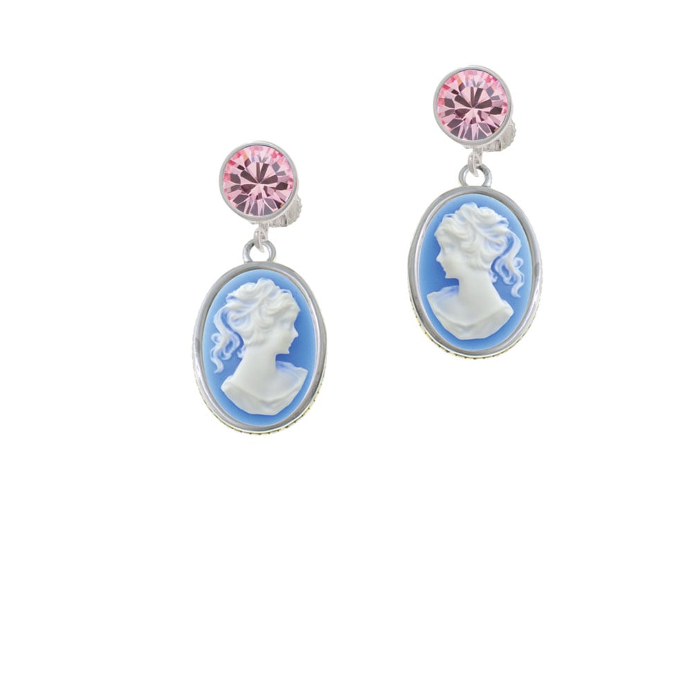 Small Blue Oval Cameo Crystal Clip On Earrings Image 1